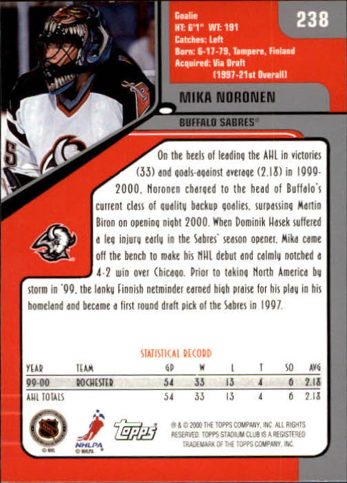 2000-01 Stadium Club #238 Mika Noronen SP back image