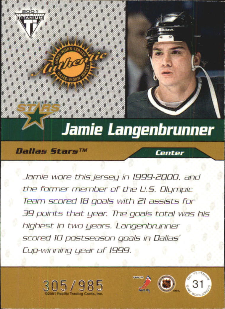 2000-01 Titanium Draft Day Edition #31 Jamie Langenbrunner/985 back image