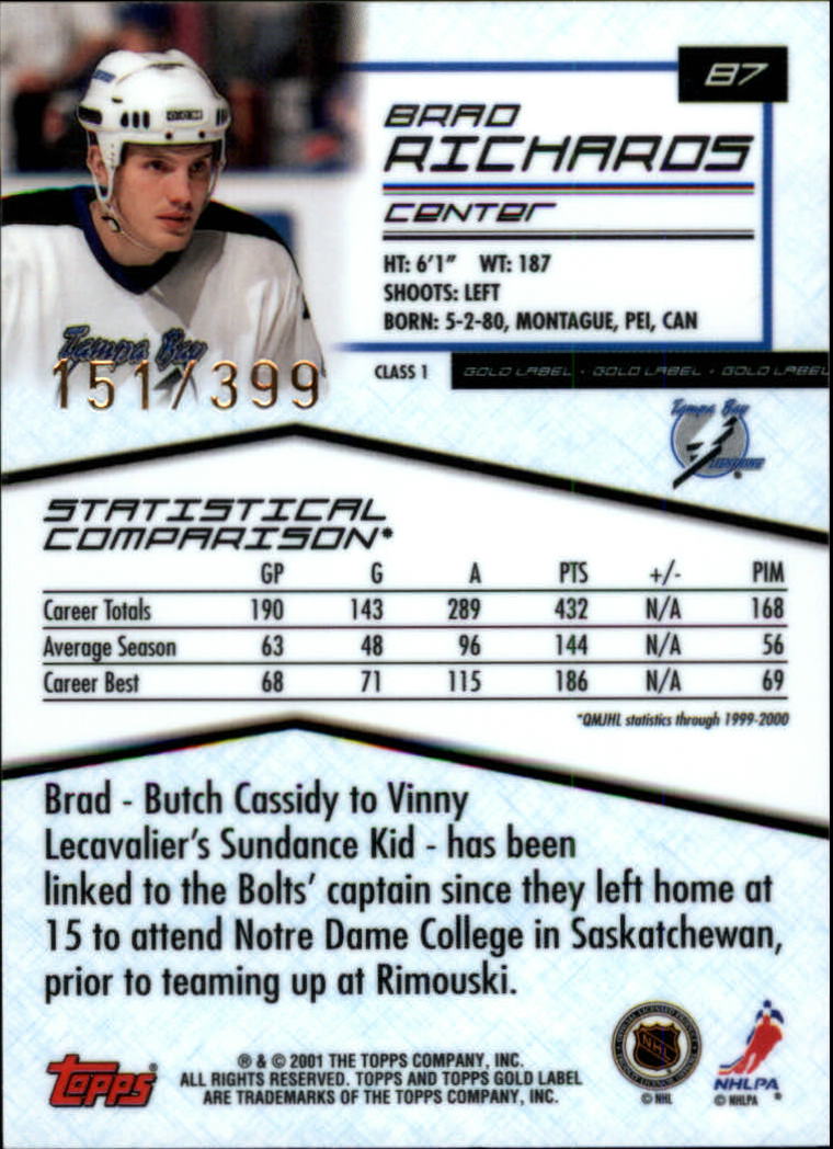 2000-01 Topps Gold Label Class 1 Gold #87 Brad Richards back image