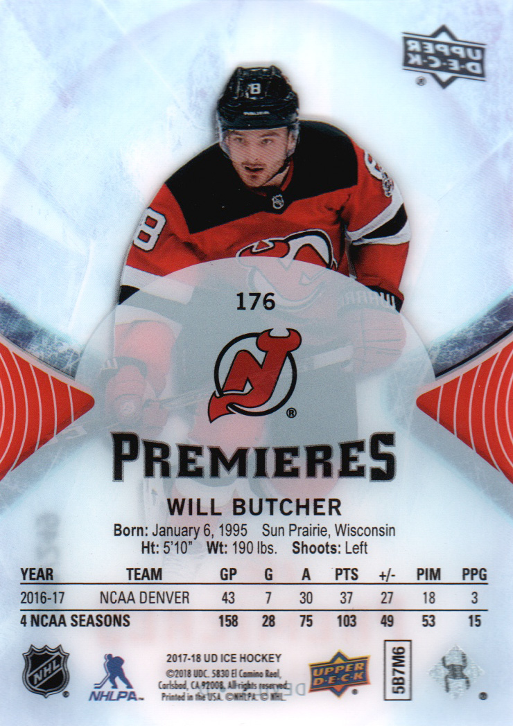 2017-18 Upper Deck Ice #176 Will Butcher/249 RC back image