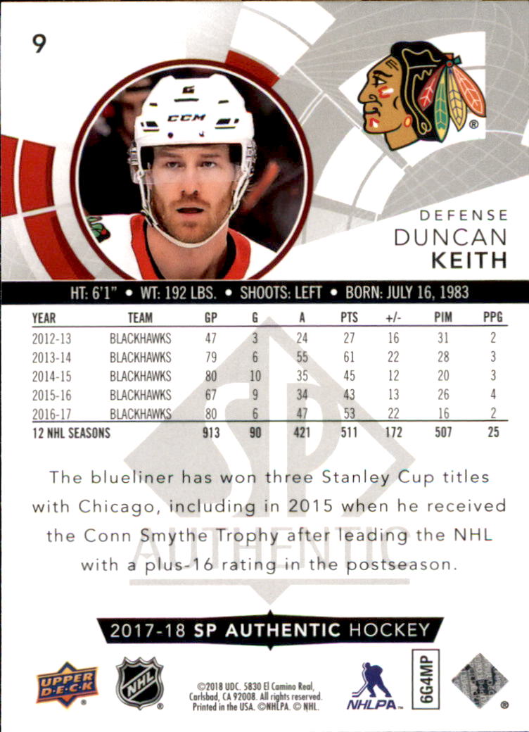2017-18 SP Authentic #9 Duncan Keith back image