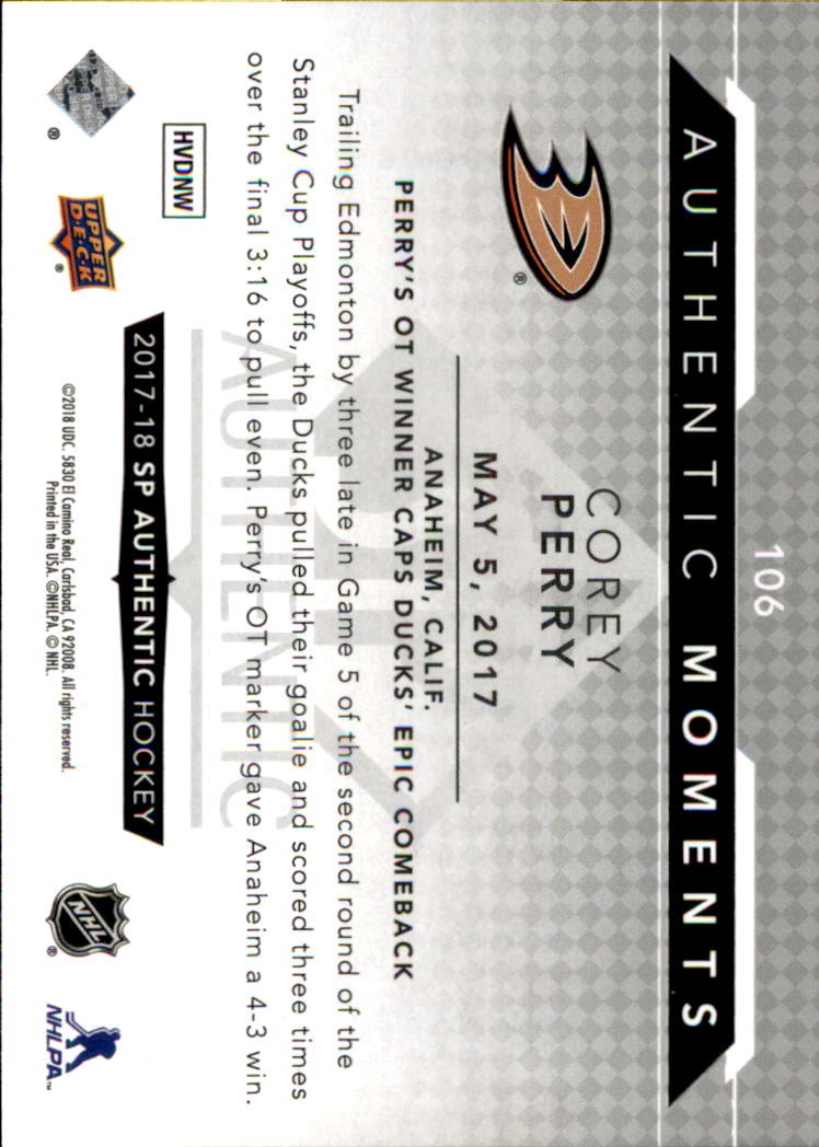 2017-18 SP Authentic #106 Corey Perry AM back image