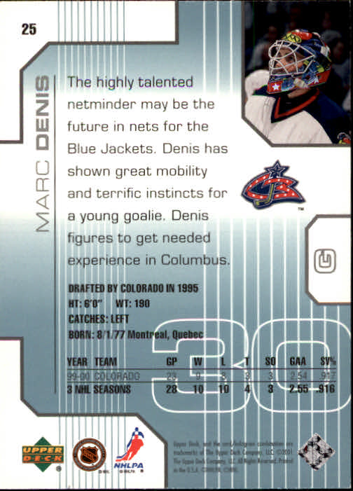 2000-01 Upper Deck Pros and Prospects #25 Marc Denis back image