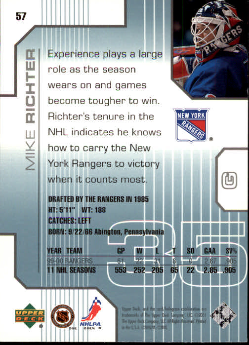 2000-01 Upper Deck Pros and Prospects #57 Mike Richter back image