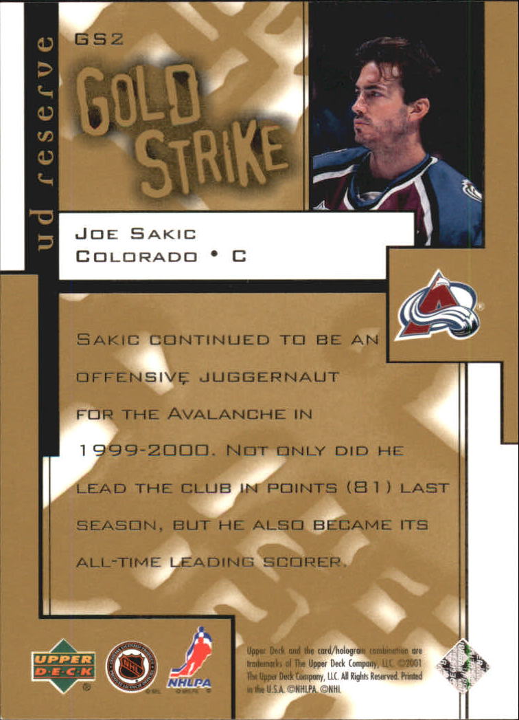 2000-01 UD Reserve Gold Strike #GS2 Joe Sakic back image