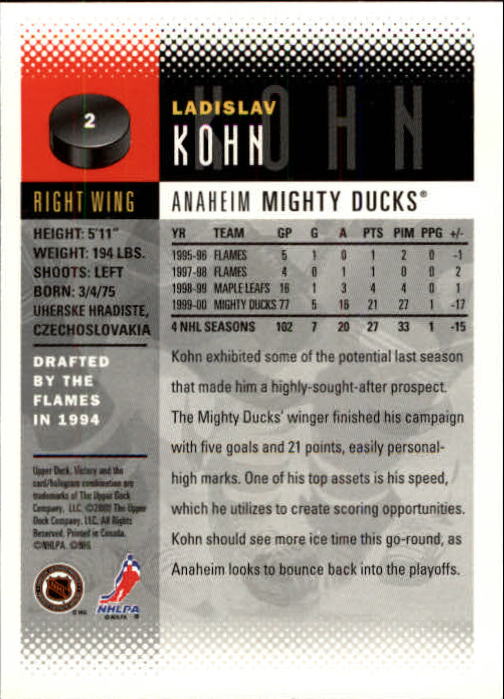 2000-01 Upper Deck Victory #2 Ladislav Kohn back image