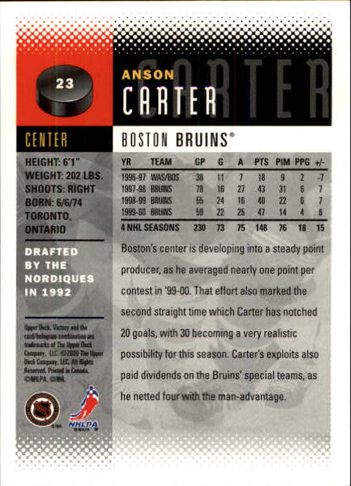 2000-01 Upper Deck Victory #23 Anson Carter back image