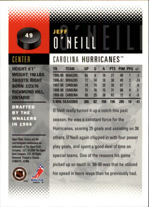 2000-01 Upper Deck Victory #49 Jeff O'Neill back image