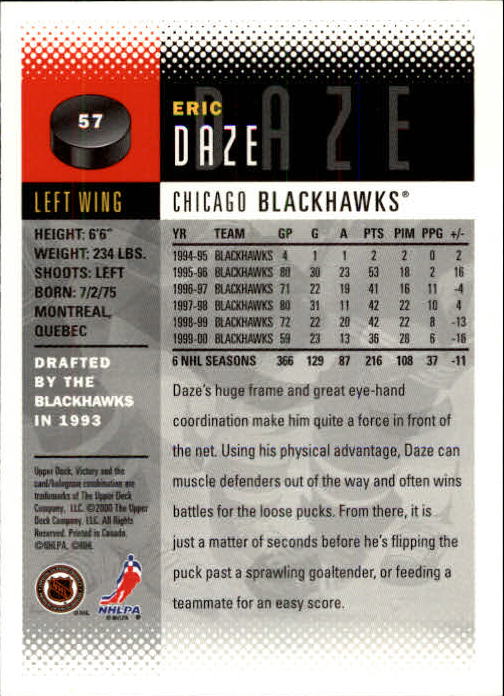 2000-01 Upper Deck Victory #57 Eric Daze back image