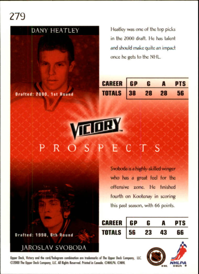 2000-01 Upper Deck Victory #279 Dany Heatley RC/Jaroslav Svoboda RC back image