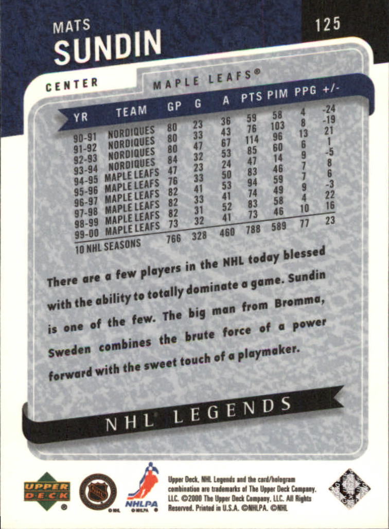 2000-01 Upper Deck Legends #125 Mats Sundin back image