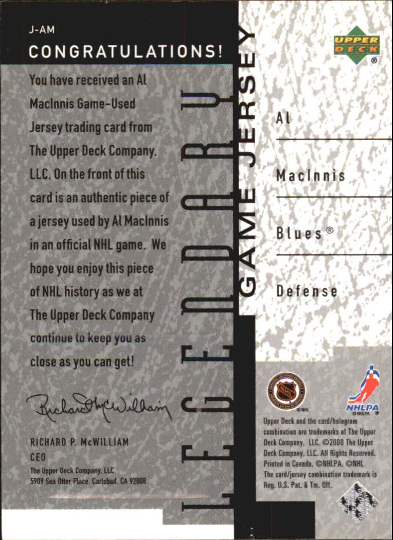 2000-01 Upper Deck Legends Legendary Game Jerseys #JAM Al Macinnis back image