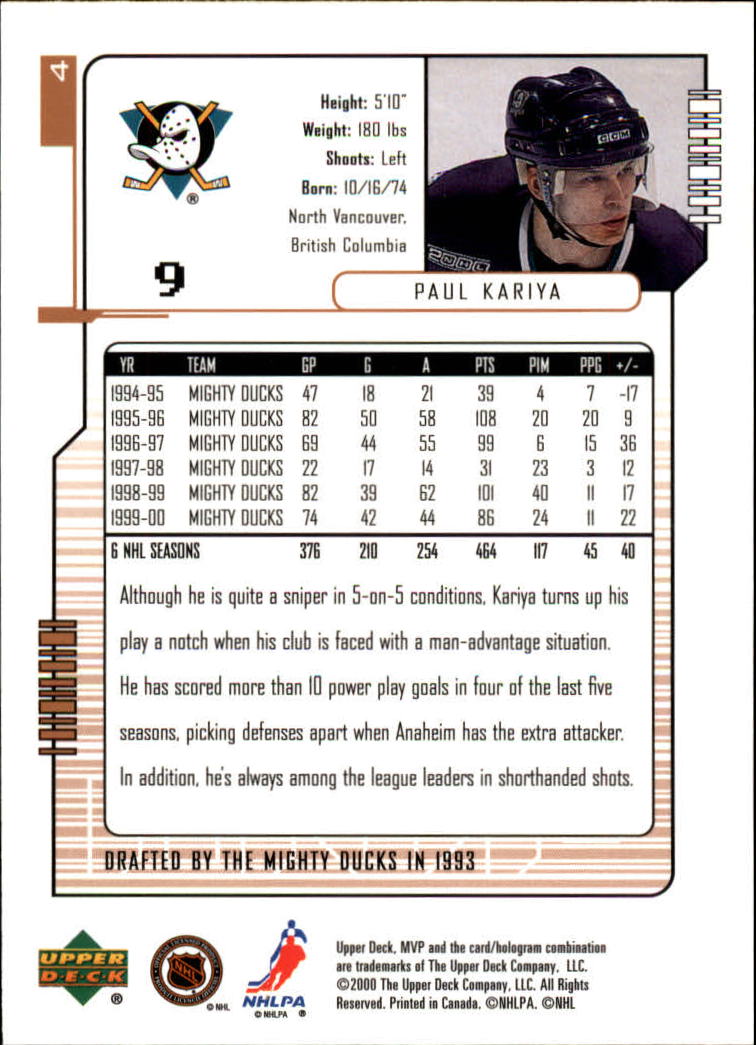 2000-01 Upper Deck MVP #4 Paul Kariya back image
