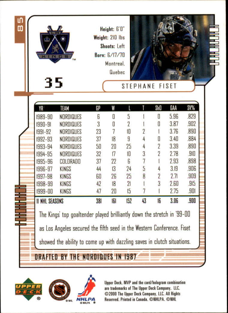 2000-01 Upper Deck MVP #85 Stephane Fiset back image