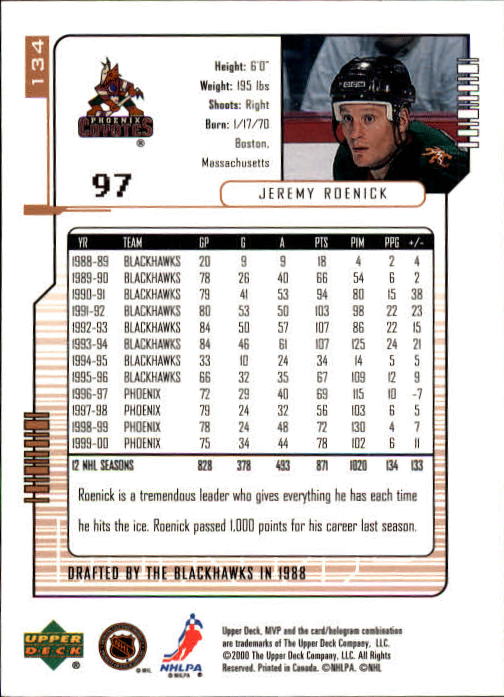 B5220- 2000-01 Upper Deck MVP Hk #s 1-200 +Rookies -You Pick- 15+ FREE US SHIP - Picture 269 of 441