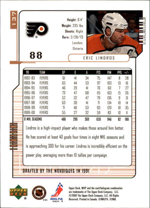 2000-01 Upper Deck MVP #137 Eric Lindros back image