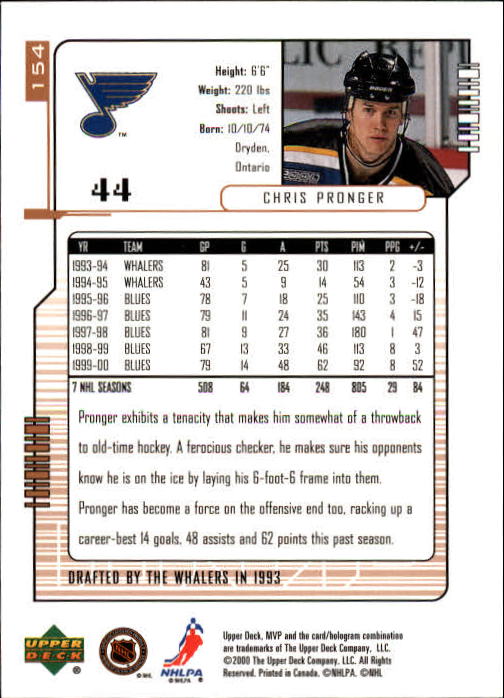 2000-01 Upper Deck MVP #154 Chris Pronger back image