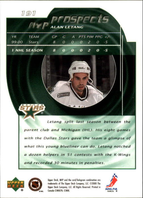 2000-01 Upper Deck MVP #191 Alan Letang back image