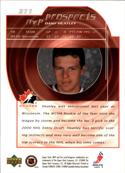 2000-01 Upper Deck MVP #211 Dany Heatley RC back image