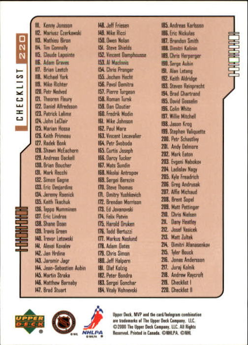 B5220- 2000-01 Upper Deck MVP Hk #s 1-200 +Rookies -You Pick- 15+ FREE US SHIP - Picture 441 of 441