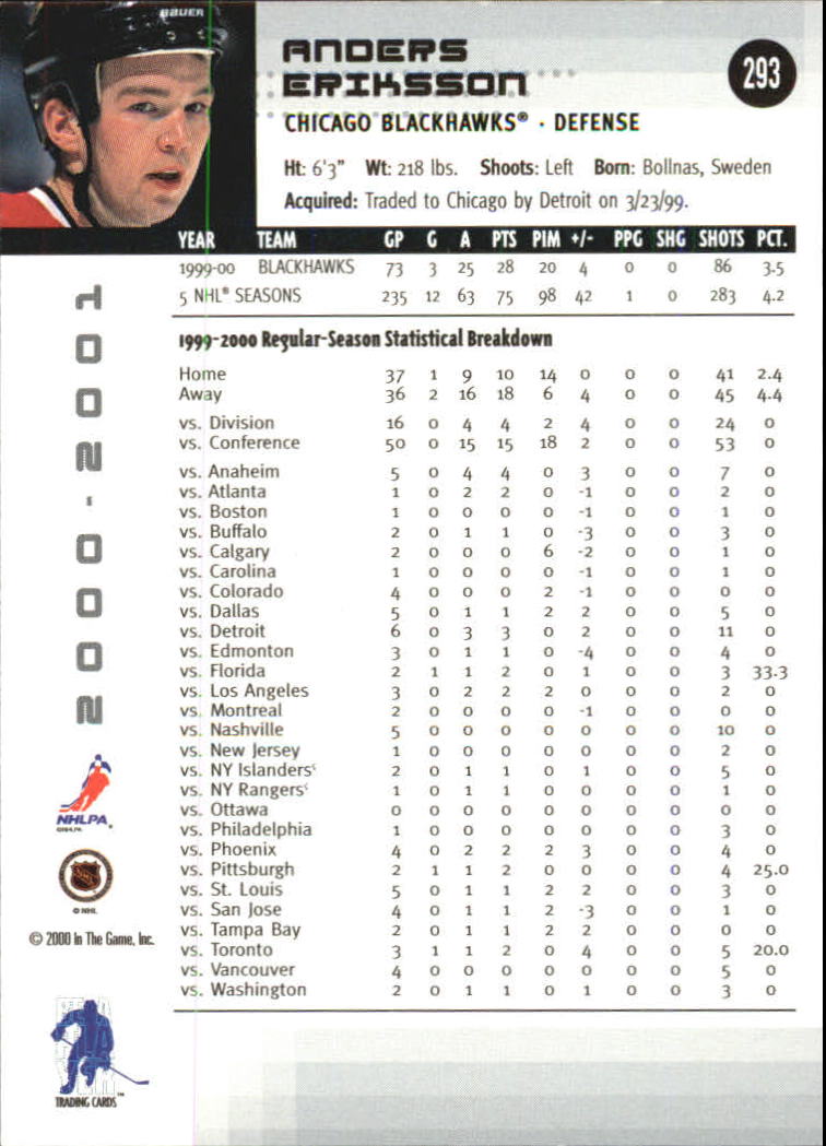 2000-01 BAP Memorabilia NHL All-Star Fantasy Black #293 Anders Eriksson back image