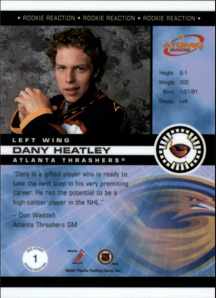 2001-02 Atomic Rookie Reaction #1 Dany Heatley back image