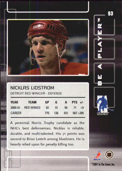 2001-02 BAP Memorabilia #93 Nicklas Lidstrom back image