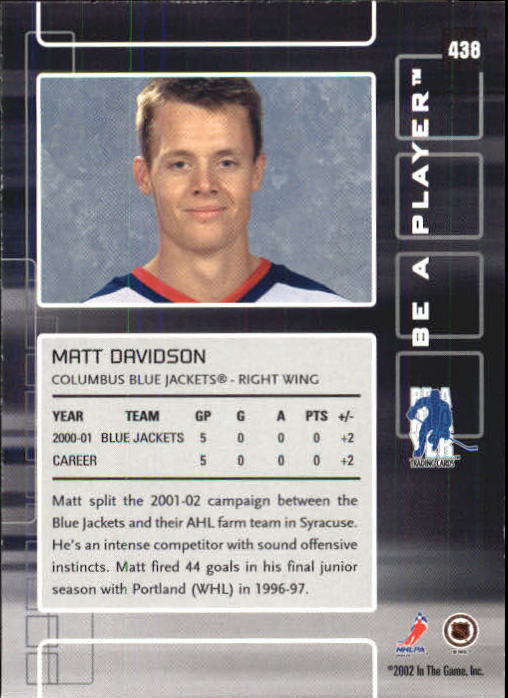 2001-02 BAP Memorabilia #438 Matt Davidson RC back image