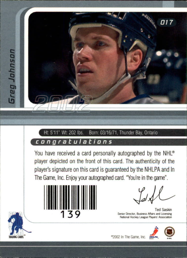 2001-02 BAP Signature Series Autographs #17 Greg Johnson back image