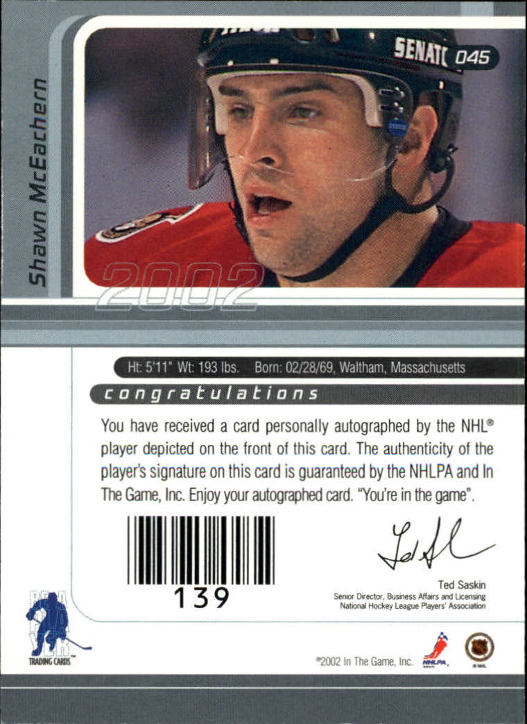 2001-02 BAP Signature Series Autographs #45 Shawn McEachern back image