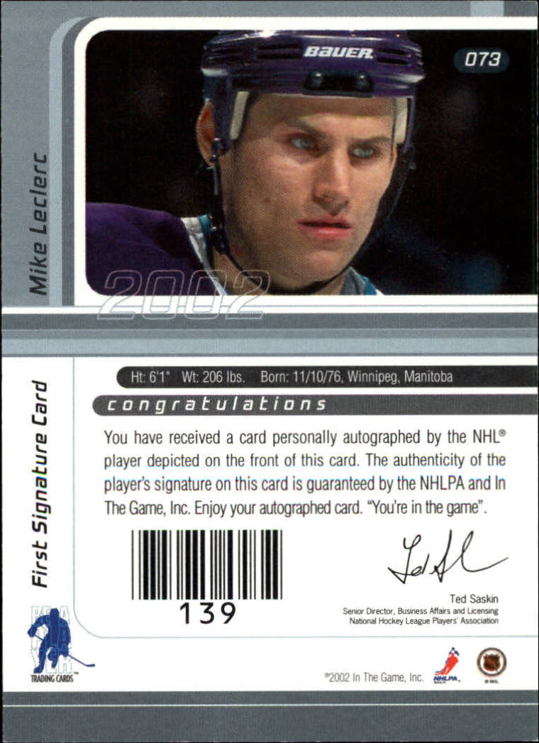 2001-02 BAP Signature Series Autographs #73 Mike LeClerc back image