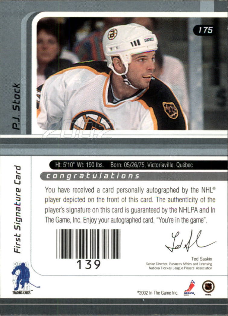 2001-02 BAP Signature Series Autographs Gold #175 P.J. Stock back image