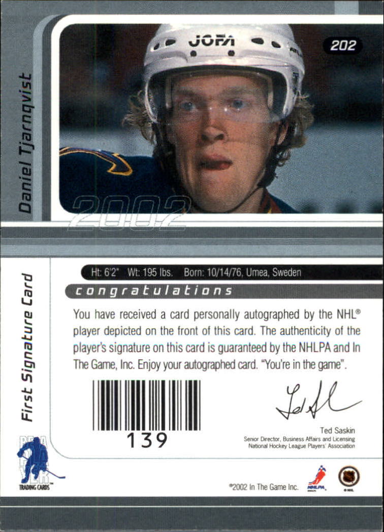 2001-02 BAP Signature Series Autographs Gold #202 Daniel Tjarnqvist back image