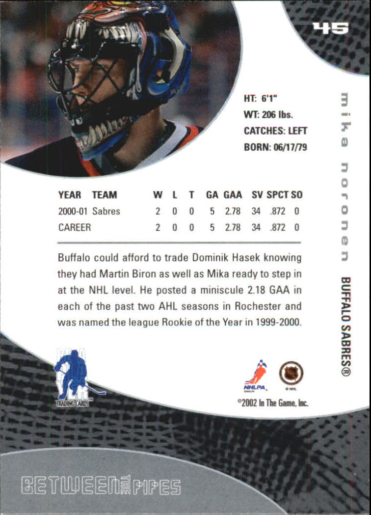 2001-02 Between the Pipes #45 Mika Noronen back image