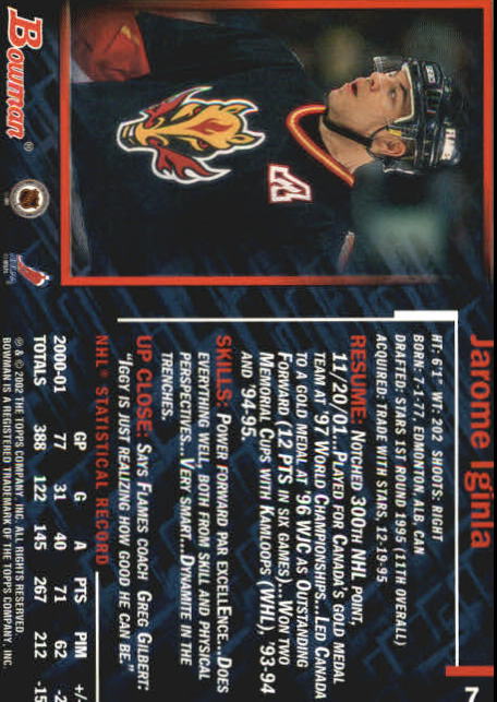 2001-02 Bowman YoungStars #7 Jarome Iginla back image