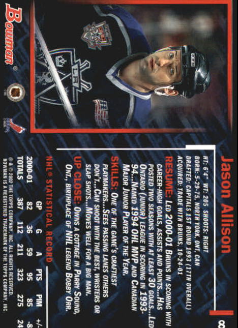 2001-02 Bowman YoungStars #8 Jason Allison back image