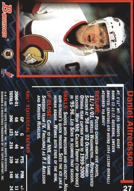 2001-02 Bowman YoungStars #27 Daniel Alfredsson back image