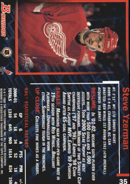 2001-02 Bowman YoungStars #35 Steve Yzerman back image