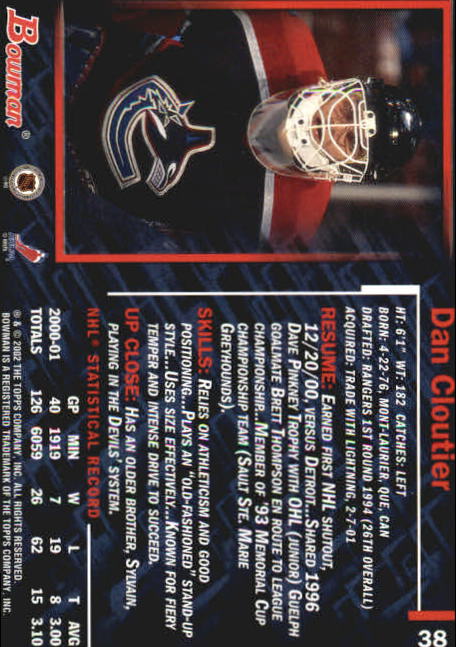 2001-02 Bowman YoungStars #38 Dan Cloutier back image