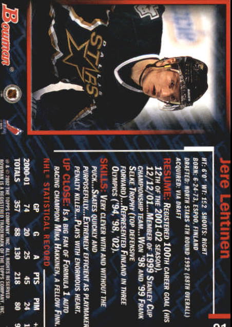 2001-02 Bowman YoungStars #91 Jere Lehtinen back image
