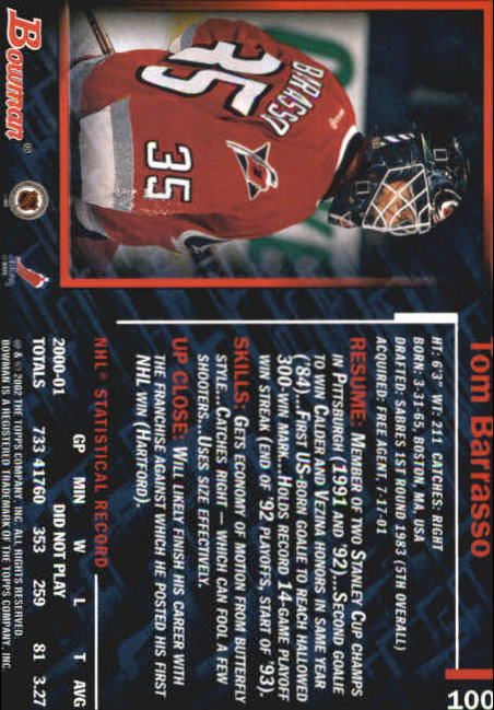 2001-02 Bowman YoungStars #100 Tom Barrasso back image