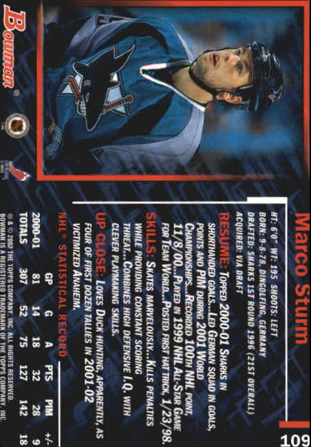 2001-02 Bowman YoungStars #109 Marco Sturm back image