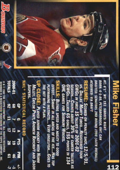 2001-02 Bowman YoungStars #112 Mike Fisher back image