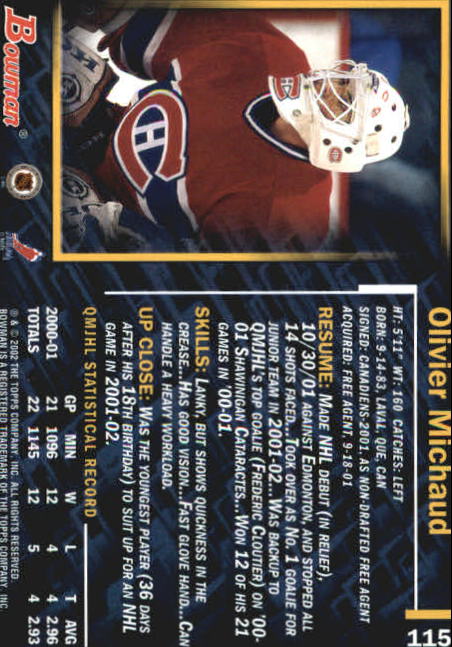 2001-02 Bowman YoungStars #115 Olivier Michaud RC back image