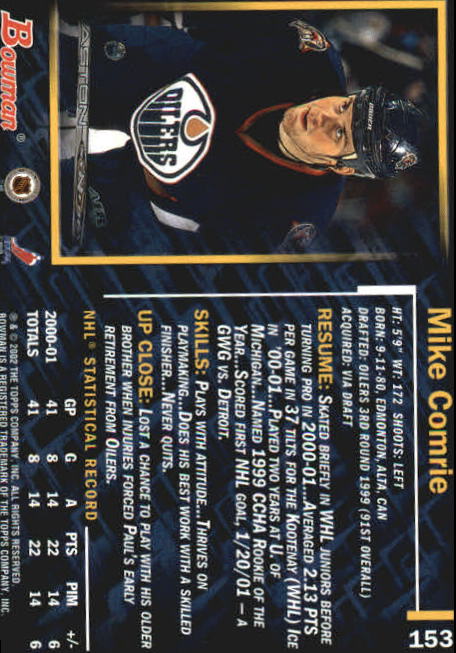 2001-02 Bowman YoungStars #153 Mike Comrie back image