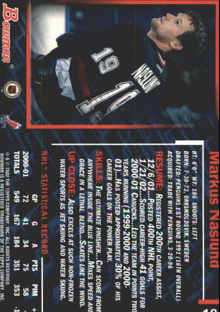 2001-02 Bowman YoungStars Ice Cubed #18 Markus Naslund back image