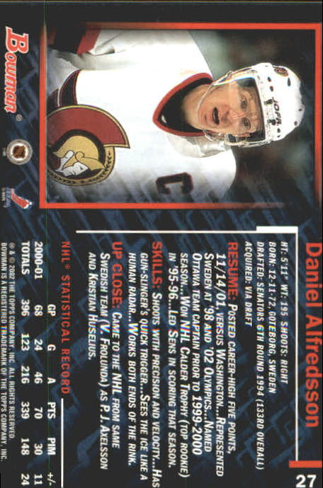 2001-02 Bowman YoungStars Ice Cubed #27 Daniel Alfredsson back image
