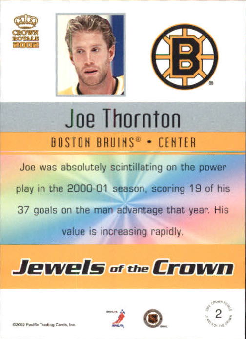 2001-02 Crown Royale Jewels of the Crown #2 Joe Thornton back image