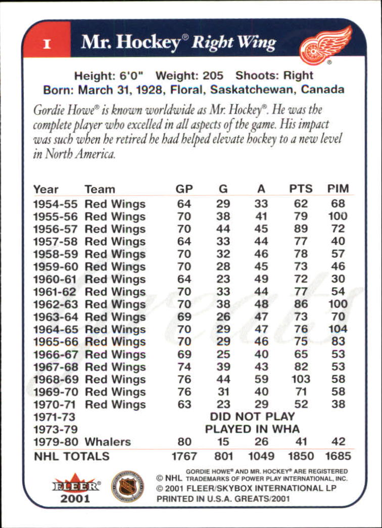 2001-02 Greats of the Game #1 Gordie Howe back image