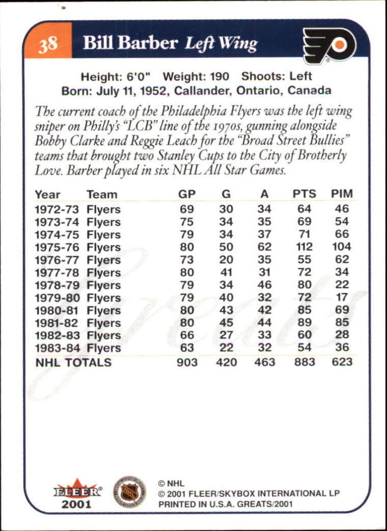 2001-02 Greats of the Game #38 Bill Barber back image